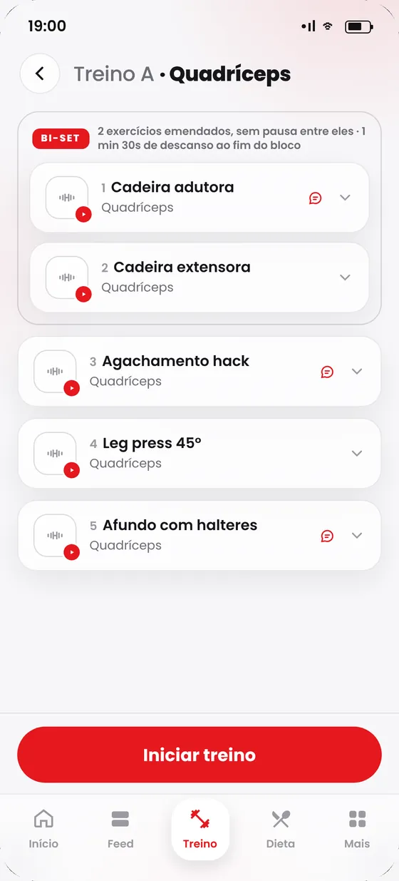 Treino A de quadríceps com os exercícios do dia e um bi-set