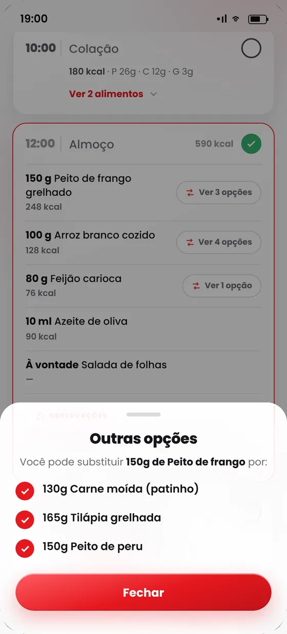 Opções de troca no almoço: peito de frango por carne moída, tilápia ou peito de peru