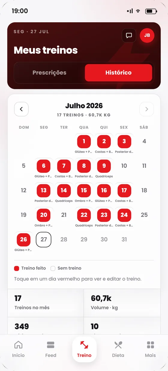 Histórico de treinos do aluno em calendário, com treinos e volume do mês